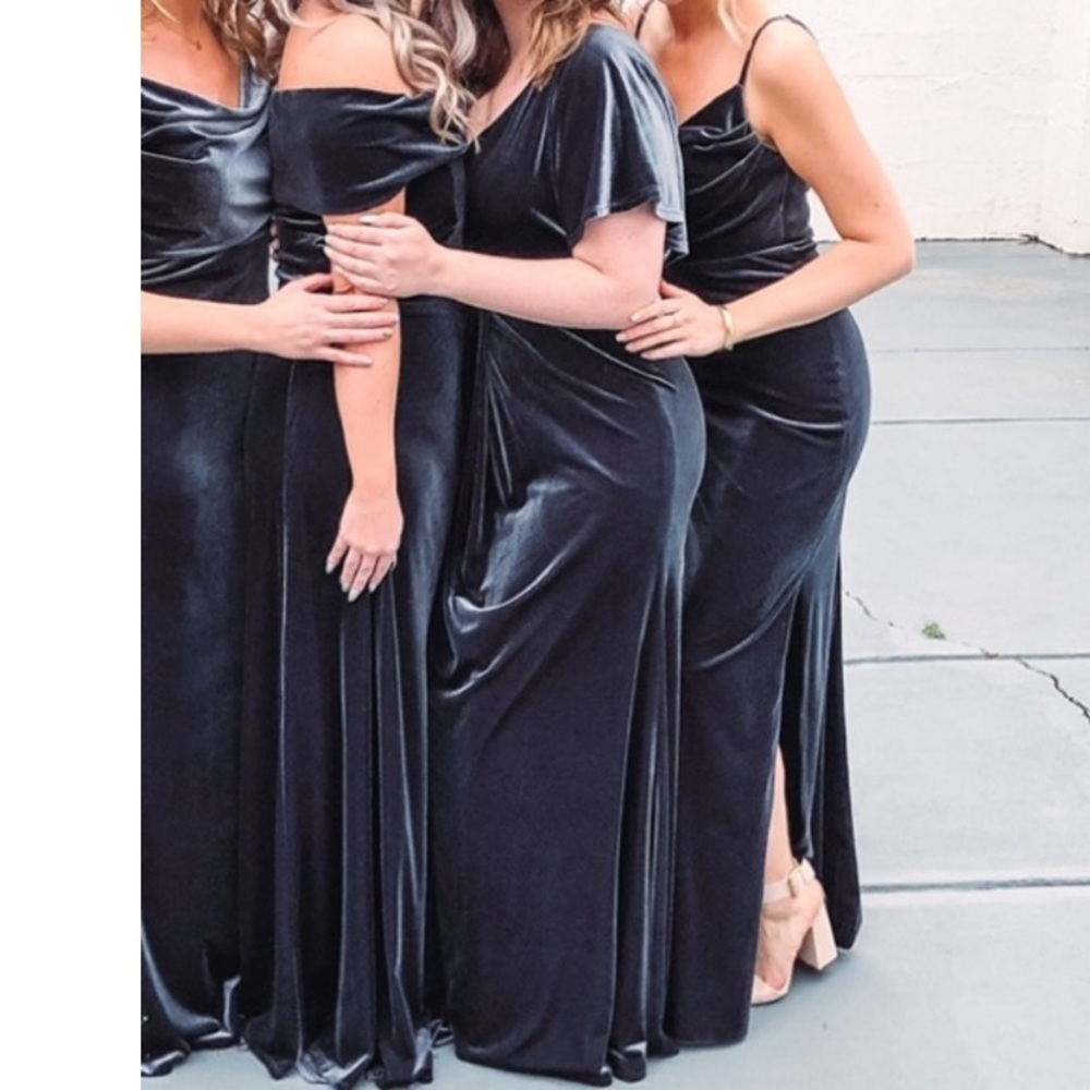 New Revelry Velvet Off Shoulder Maxi Dress Slate Blue Bridesmaid Formal Gown 12